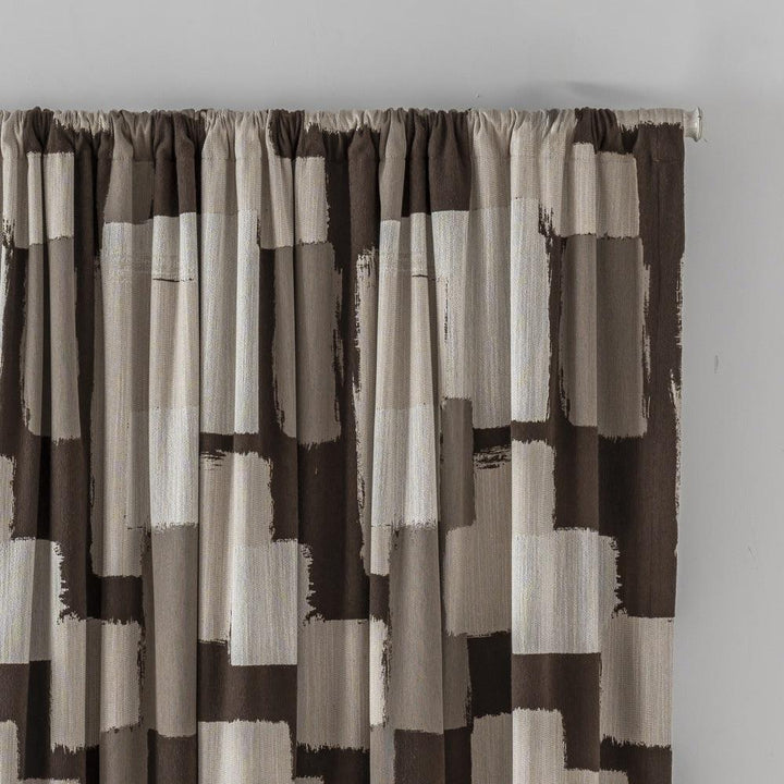 Cora Brown Geometric Plaid Patterned Faux Linen Custom Curtains - Updrap