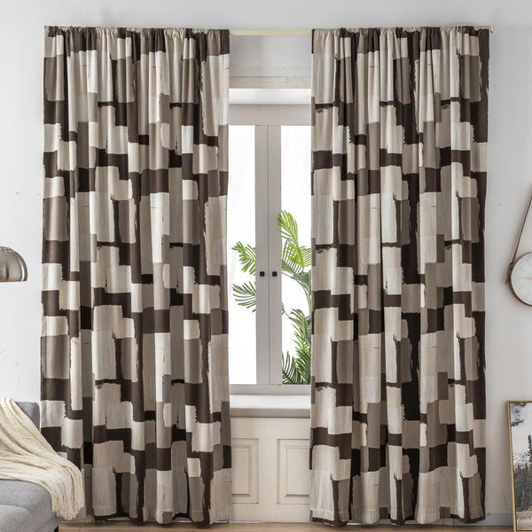 Cora Brown Geometric Plaid Patterned Faux Linen Custom Curtains - Updrap