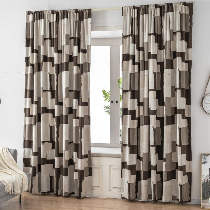 Cora Brown Geometric Plaid Patterned Faux Linen Custom Curtains - Updrap