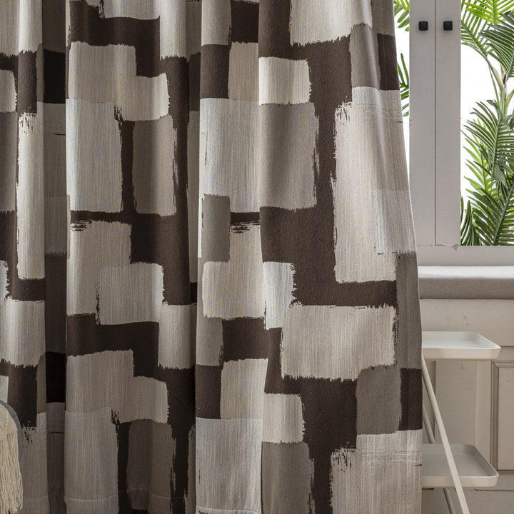 Cora Brown Geometric Plaid Patterned Faux Linen Custom Curtains - Updrap